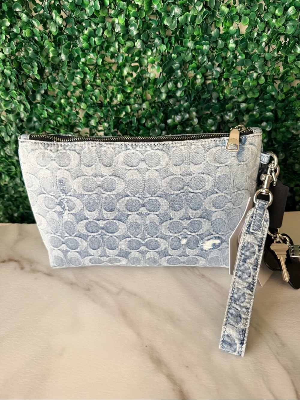 Coach Light Blue Distressed Denim Signature Wristlet Pouch with Charms NWT